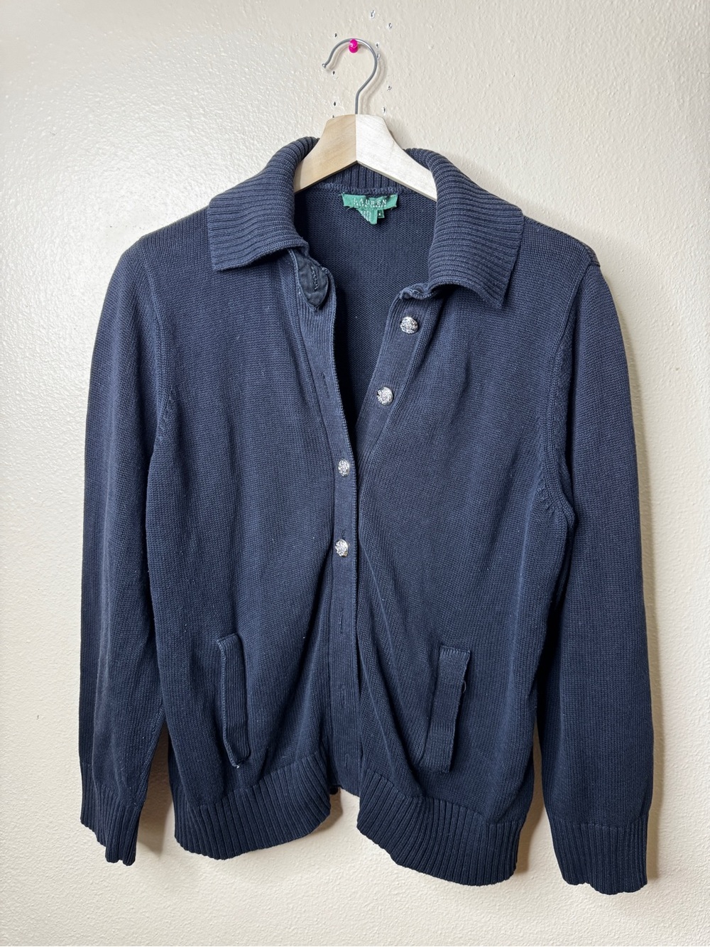 Lauren Ralph Lauren Womens 2X Black Cotton Cardigan Sweater Crest Buttons Collar